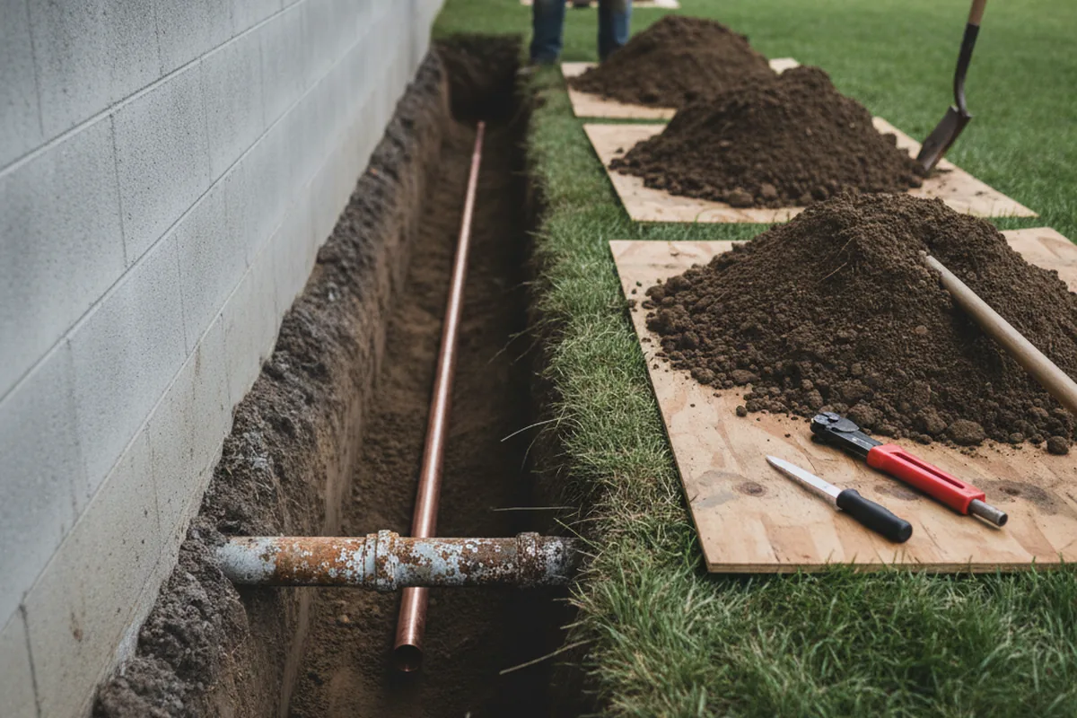 Excavated water line trench during Water Heater Repair in Dalhart